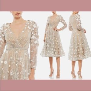 Mac Duggal Beige Floral Long Sleeve Dress